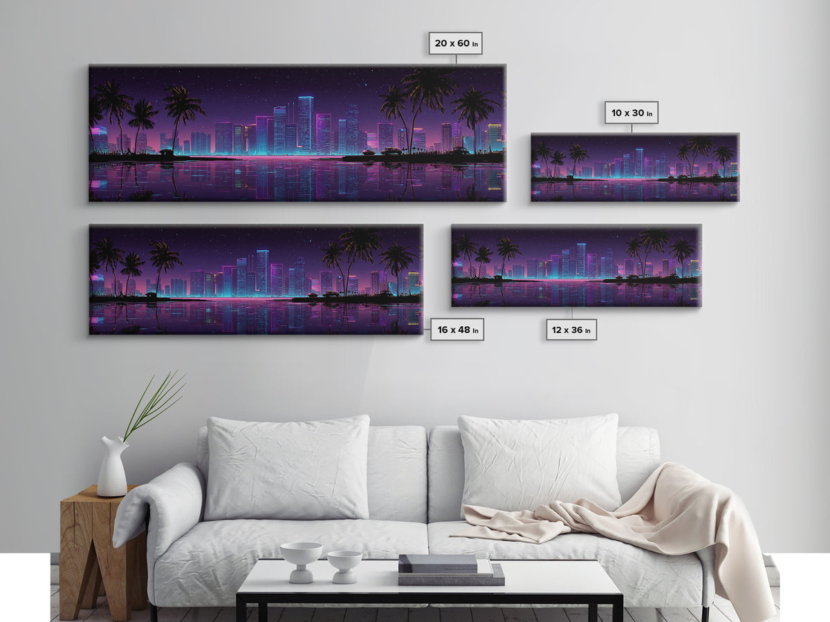 Neon Tropical City Skyline Canvas Print, Cyberpunk Wall Art With Palm Trees, Vaporwave Decor For Gaming Room And Apartment Decor