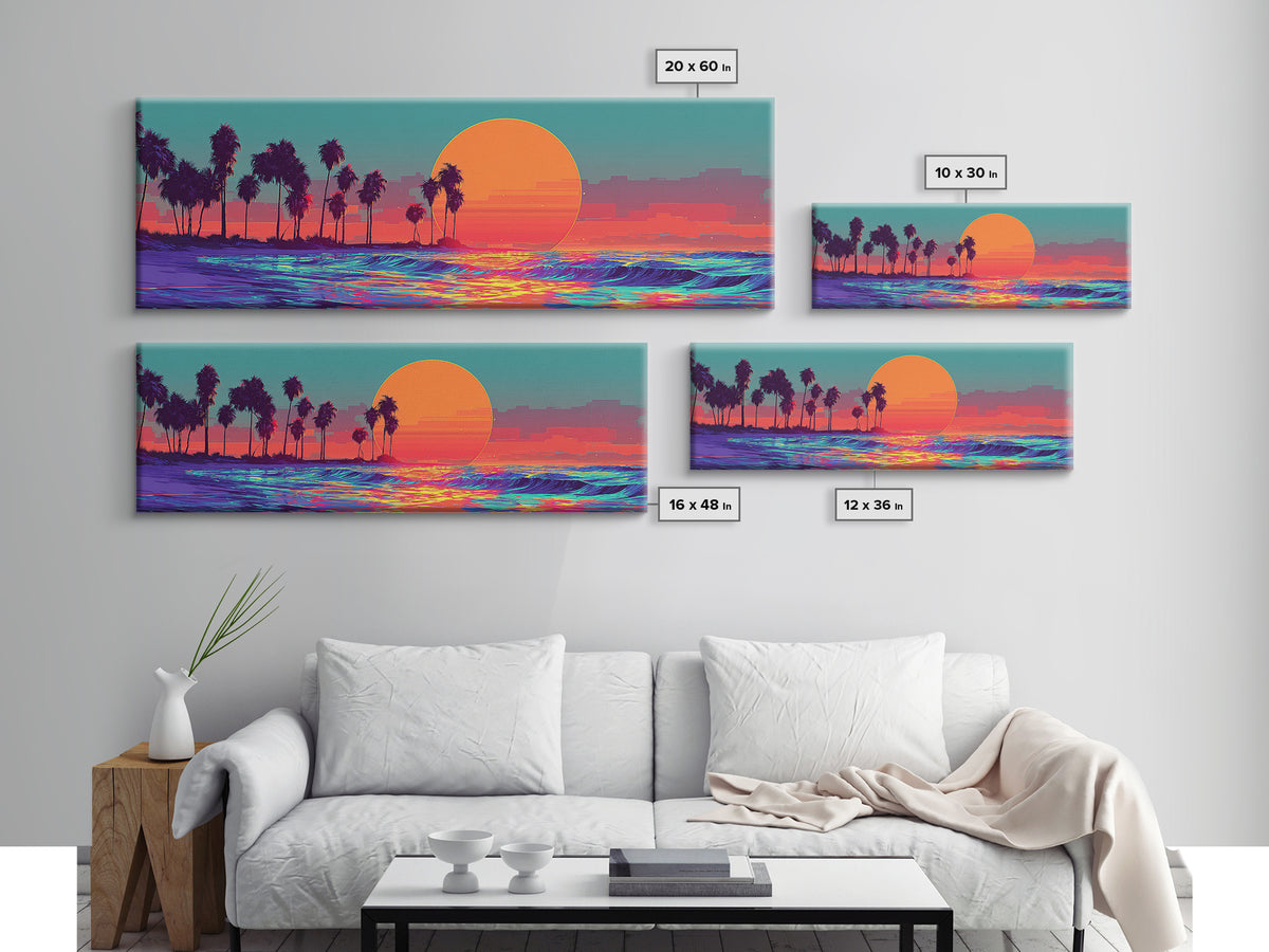 Neon Tropical Sunset Ocean Palms Canvas Print, Retro Vaporwave Wall Art, Coastal Decor, Beach House, Living Room Decor, Art Print