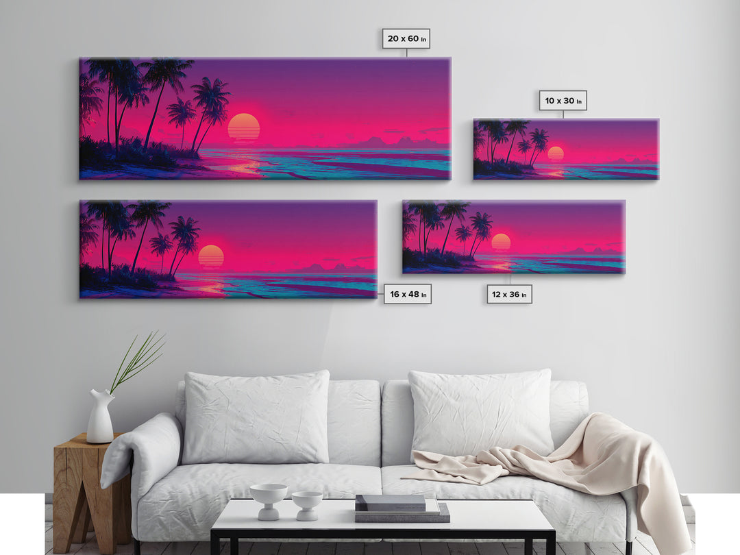 Tropical Palm Beach Sunset Wall Art, Neon Coastal Canvas Print, Pink Ocean Decor, Retro Island Housewarming Gift For Her
