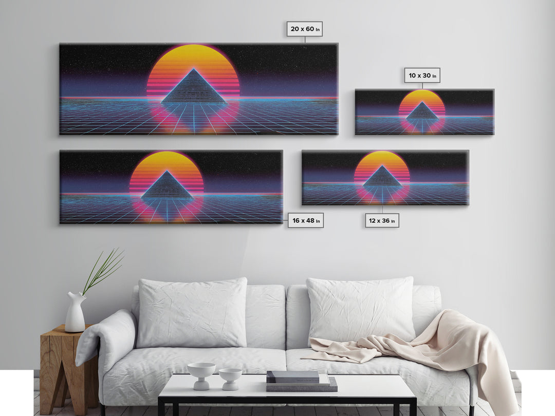 Neon Pyramid Grid Wall Art, Retro Futuristic Space Canvas Print, Synthwave Gaming Room Decor, Vaporwave Statement Art Gift