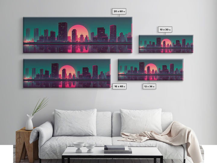 Neon City Skyline Reflection Canvas Print, Retro Futuristic Wall Art, Cyberpunk Office Decor, Modern Apartment Decor, Gift For Him