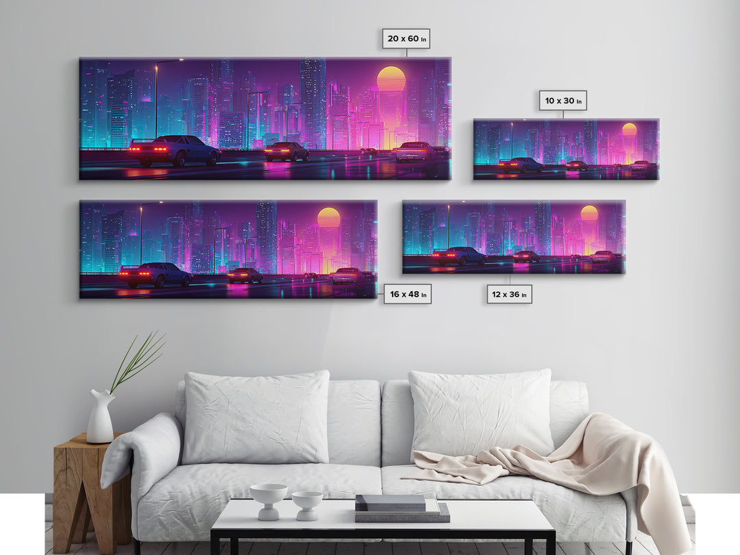 Cyberpunk Neon City Highway Canvas Print, Futuristic Car Wall Art, Synthwave Gaming Room Decor For Office And Man Cave Wall Decor