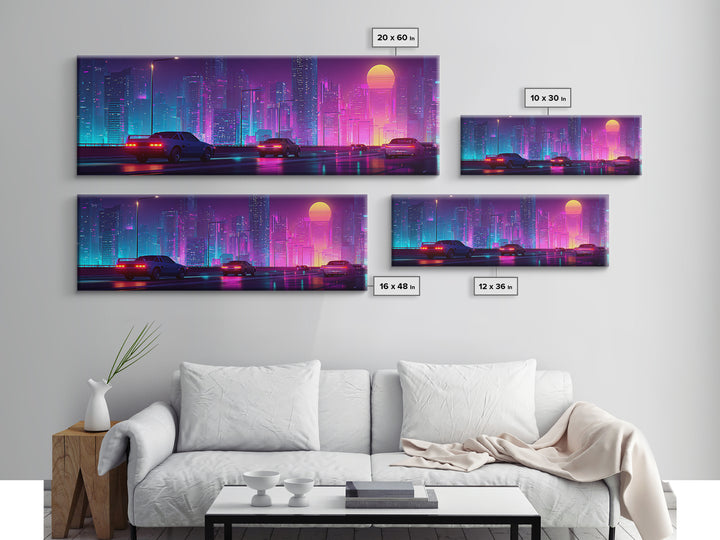 Cyberpunk Neon City Highway Canvas Print, Futuristic Car Wall Art, Synthwave Gaming Room Decor For Office And Man Cave Wall Decor