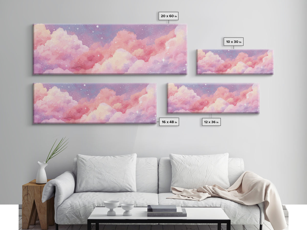 Pink Cotton Candy Clouds Wall Art, Dreamy Celestial Sky Print, Starry Nursery Decor, Pastel Bedroom Canvas Art Gift For Her