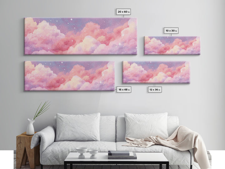 Pink Cotton Candy Clouds Wall Art, Dreamy Celestial Sky Print, Starry Nursery Decor, Pastel Bedroom Canvas Art Gift For Her