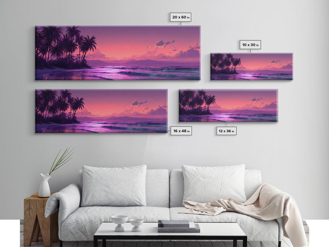 Tropical Purple Beach Sunset Wall Art, Palm Tree Ocean Landscape Canvas Print, Coastal Decor, Romantic Bedroom And Living Room Art