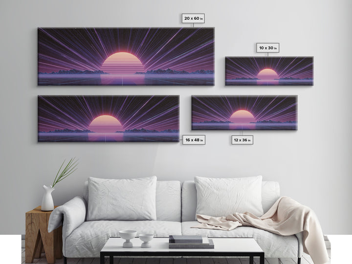 Retro Futuristic Sun Over Neon Lake Canvas Print, Synthwave Wall Art, Vaporwave Poster, Gaming Room Decor, Cyberpunk Gift