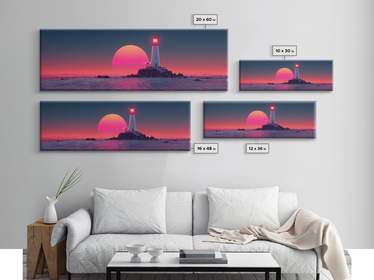 Neon Lighthouse Sunset Over Ocean, Synthwave Coastal Wall Art, Retro Futuristic Canvas Print, Large Beach House Decor, Wall Decor