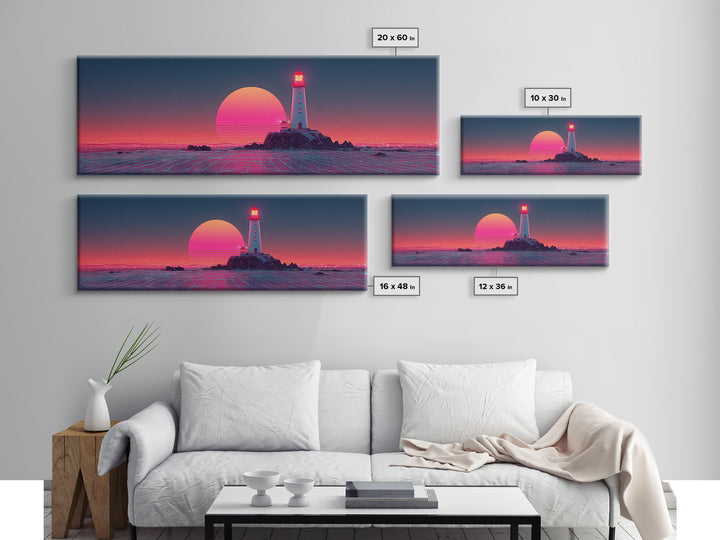 Neon Lighthouse Sunset Over Ocean, Synthwave Coastal Wall Art, Retro Futuristic Canvas Print, Large Beach House Decor, Wall Decor