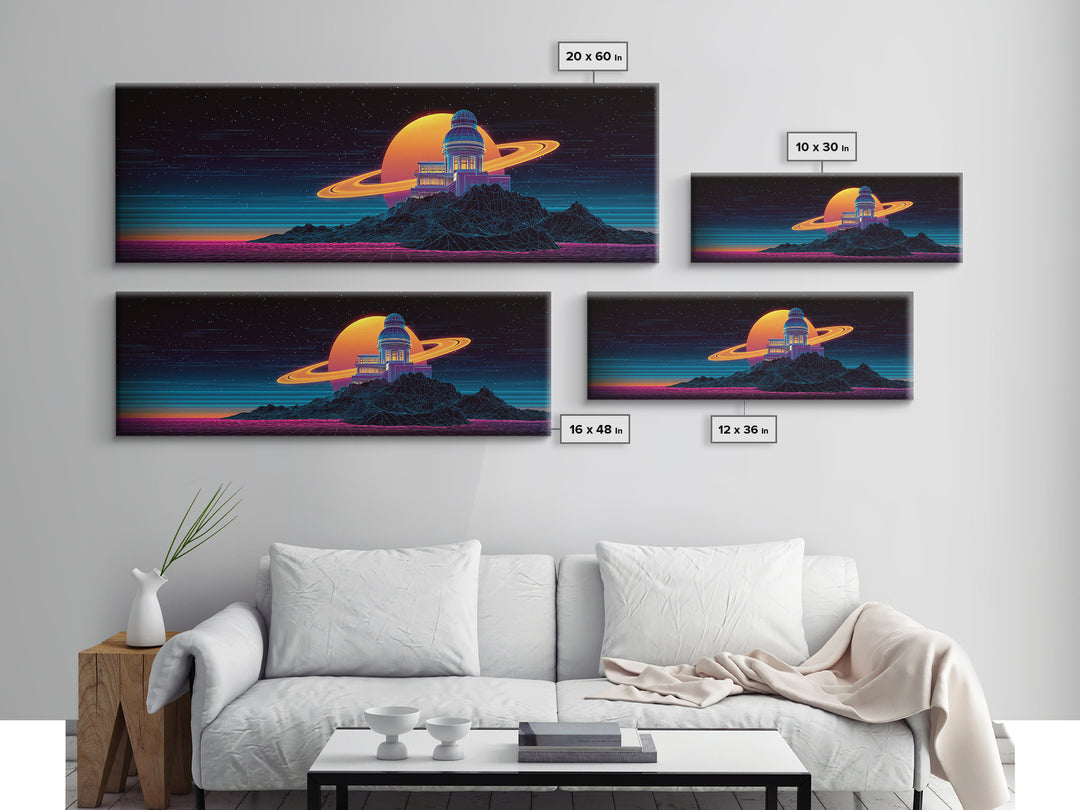 Retro Futuristic Observatory On Ringed Planet Canvas Print, Sci Fi Wall Art, Space Decor, Vaporwave Poster For Game Room