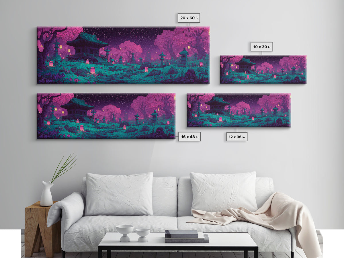 Pixel Art Cherry Blossom Shrine Wall Art, Japanese Garden Canvas Print, Whimsical Lantern Decor For Maximalist Room Wall Decor