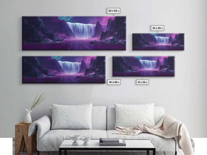 Alien Waterfall Galaxy Canvas Print, Futuristic Fantasy Landscape, Neon Sci Fi Wall Decor, Vibrant Space Art For Gamer Room