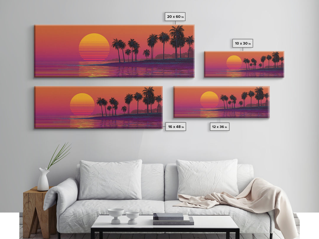 Retro Palm Beach Sunset Canvas Print, Tropical Ocean Wall Art, Vaporwave Coastal Decor For Living Room And Bedroom Wall Decor