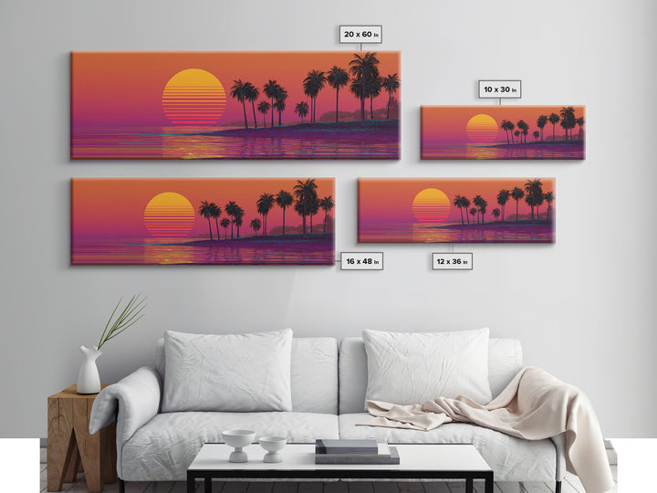 Retro Palm Beach Sunset Canvas Print, Tropical Ocean Wall Art, Vaporwave Coastal Decor For Living Room And Bedroom Wall Decor