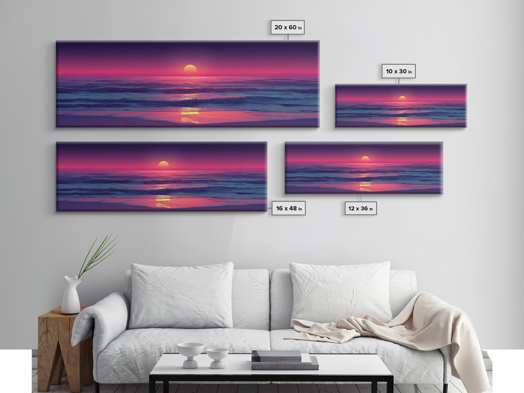 Pink Ocean Sunset Beach Canvas Print, Neon Seascape Wall Decor, Coastal Wall Art, Summer Beach House Living Room Decor Print