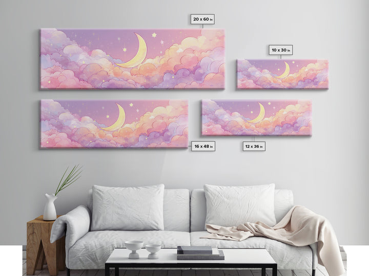 Cute Crescent Moon In Pastel Clouds Wall Art, Whimsical Celestial Nursery Decor, Pink Kids Room Canvas Print, Baby Shower Gift