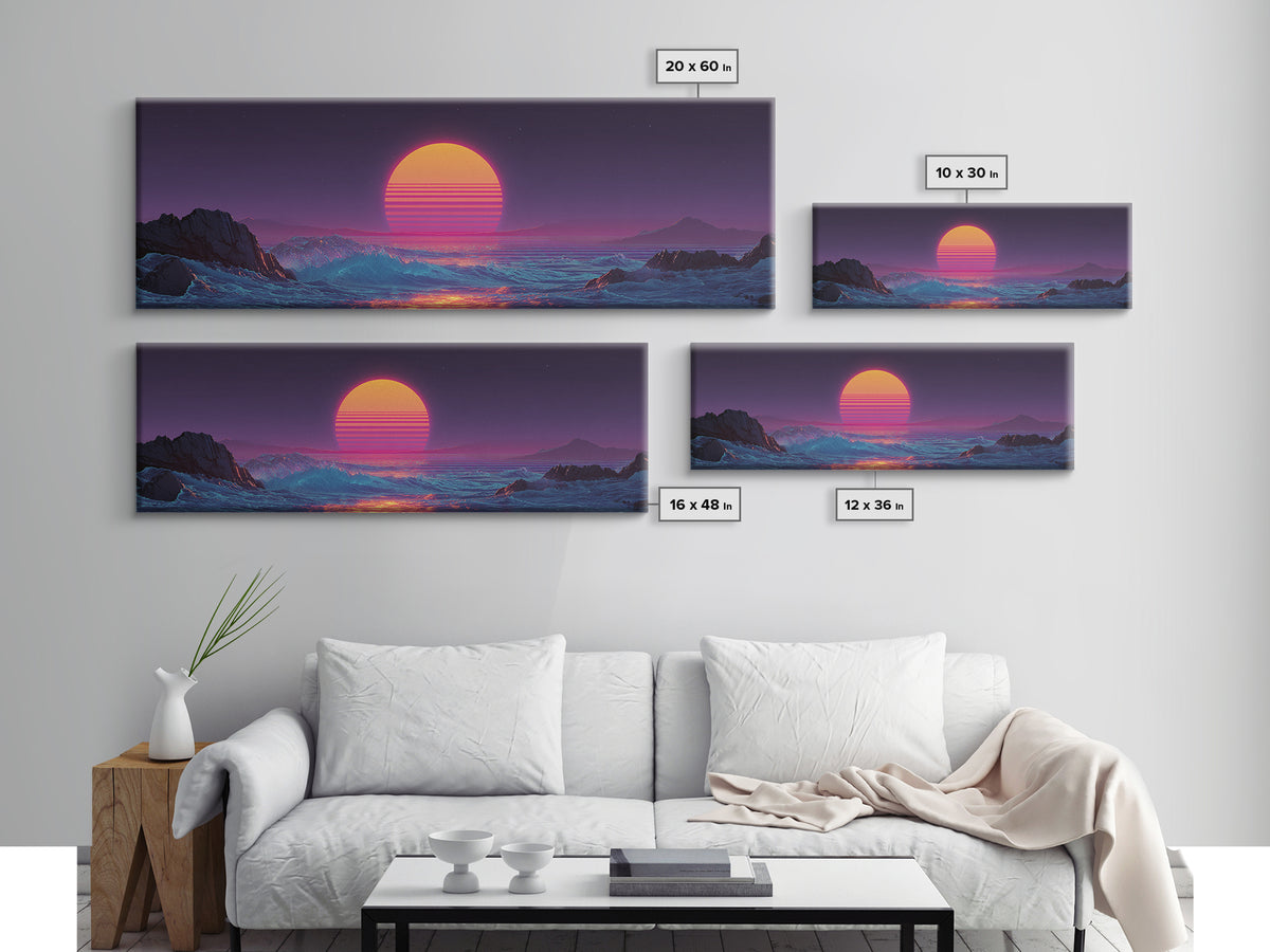 Neon Synthwave Sunset Over Alien Ocean Canvas Print, Retro Futuristic Wall Art, Vaporwave Coastal Bedroom Living Room Decor
