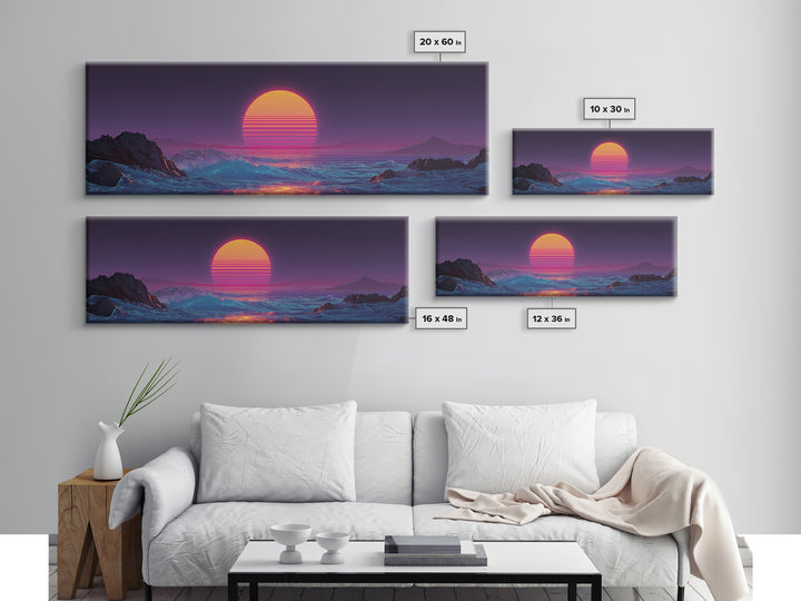 Neon Synthwave Sunset Over Alien Ocean Canvas Print, Retro Futuristic Wall Art, Vaporwave Coastal Bedroom Living Room Decor