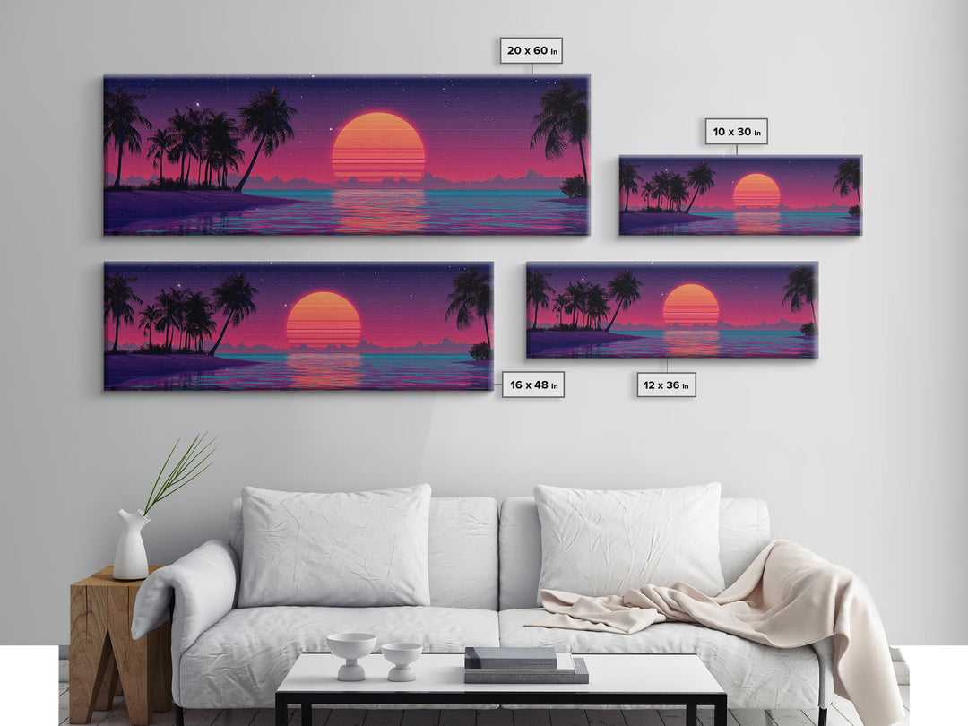 Neon Tropical Sunset With Palm Trees Wall Art, Retro Coastal Canvas Print, Beach House Decor, Large Panoramic Artwork For Living Room Decor