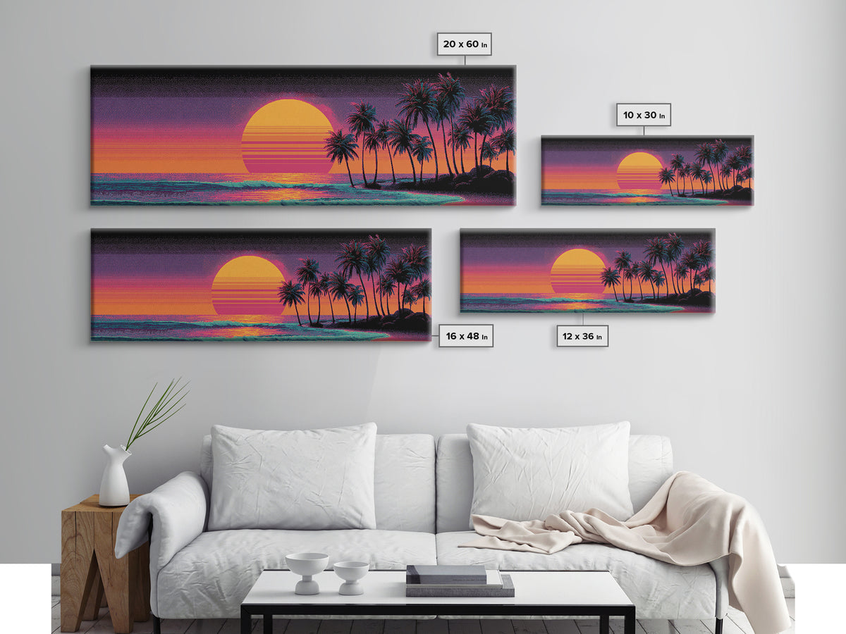 Vaporwave Palm Beach Sunset Wall Art, Retro Tropical Ocean Print, Neon Coastal Decor, Long Horizontal Canvas Print Poster