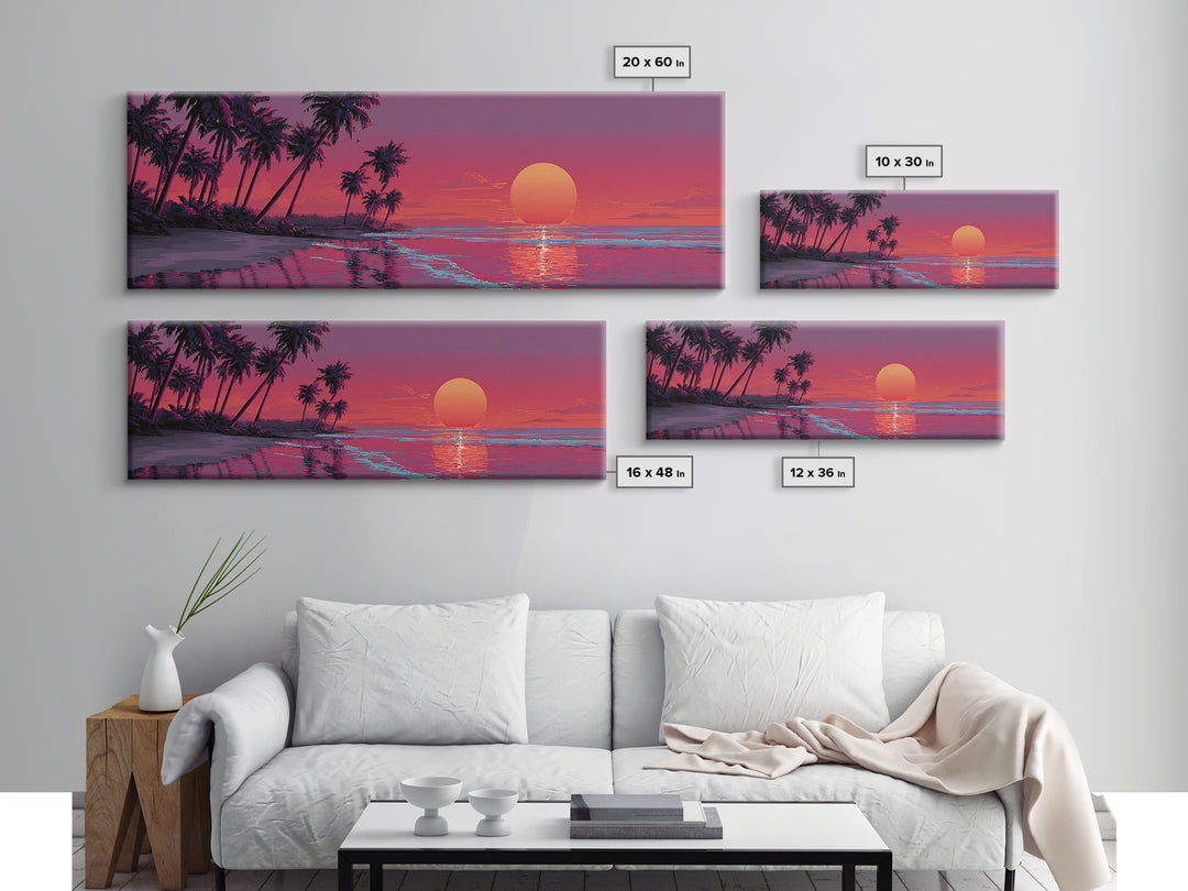 Tropical Palm Beach Sunset Wall Art, Pink Ocean Landscape, Coastal Canvas Decor, Large Horizontal Beach House Living Room Print