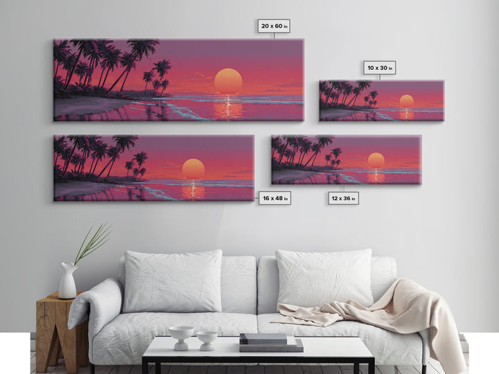 Tropical Palm Beach Sunset Wall Art, Pink Ocean Landscape, Coastal Canvas Decor, Large Horizontal Beach House Living Room Print
