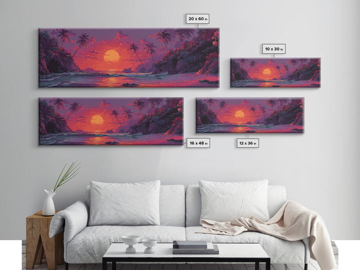Vibrant Tropical Sunset Wall Art, Neon Palm Beach Seascape, Colorful Coastal Canvas Print, Island Living Room Home Decor Gift