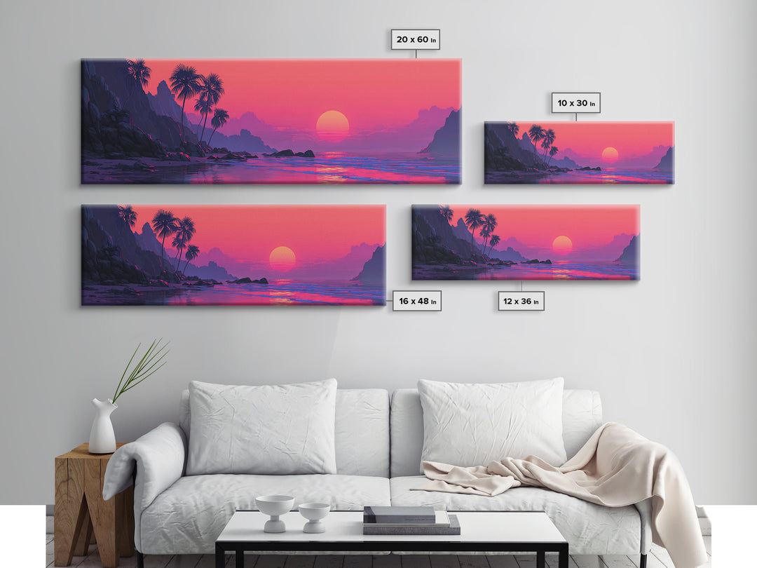 Magenta Tropical Cove Sunset Wall Art, Palm Island Ocean Landscape, Vaporwave Coastal Canvas Decor For Modern Living Room