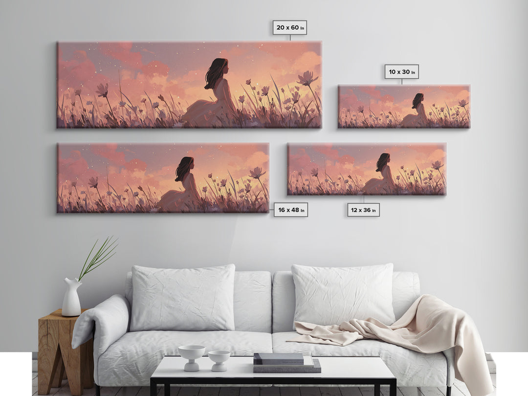Sunset Girl In Wildflower Meadow Wall Art, Dreamy Feminine Landscape Print, Boho Bedroom Decor, Romantic Canvas Gift For Her