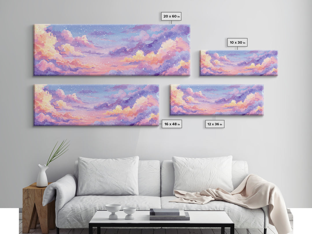 Pastel Starry Cloudscape Sunset Wall Art, Dreamy Sky Canvas Print, Whimsical Nursery Decor, Soft Aesthetic Bedroom Print