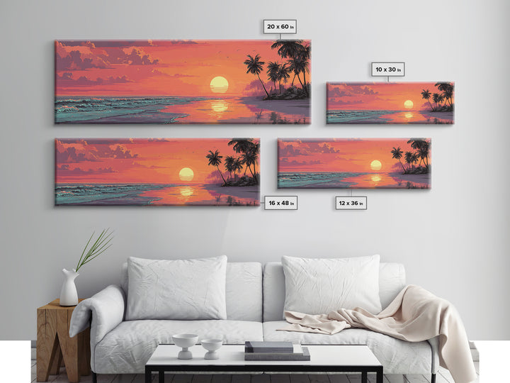 Pink Tropical Beach Sunset With Palm Trees Wall Art, Coastal Canvas Print, Ocean Decor, Summer Beach House Wall Decor, Living Room Art