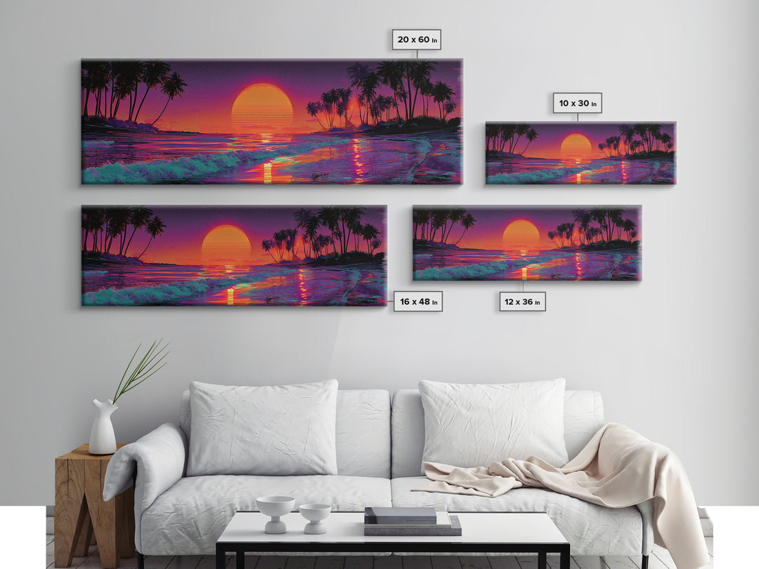 Tropical Sunset Beach With Palms And Waves, Coastal Wall Art, Retro Vaporwave Canvas Print, Beach House Decor, Large Wall Art