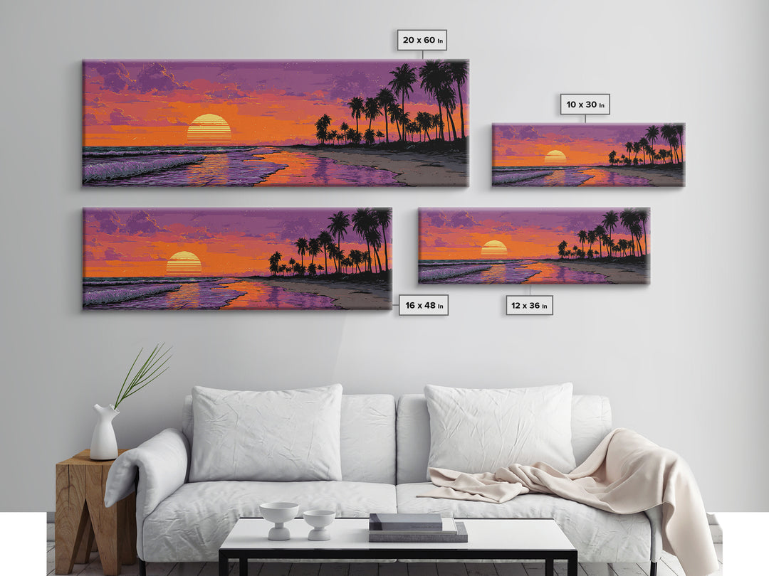 Pixel Tropical Beach Sunset With Palms Wall Art, Retro Coastal Canvas Print, Beach House Decor, Summer Travel Poster Gift