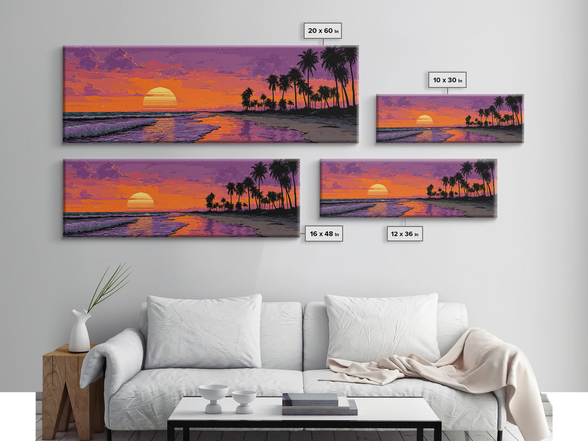 Pixel Tropical Beach Sunset With Palms Wall Art, Retro Coastal Canvas Print, Beach House Decor, Summer Travel Poster Gift