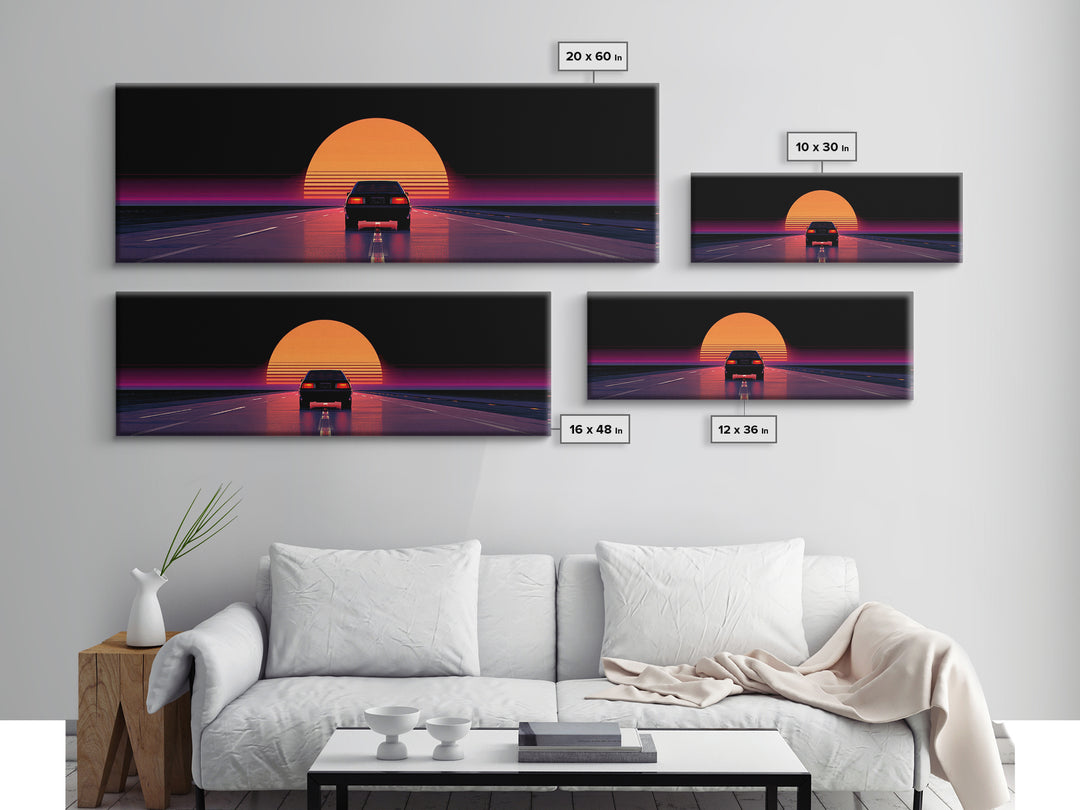 Retro Car Driving Into Striped Sunset, Synthwave Canvas Print, Vaporwave Wall Art, Man Cave Decor, Gift For Him, Retro Poster