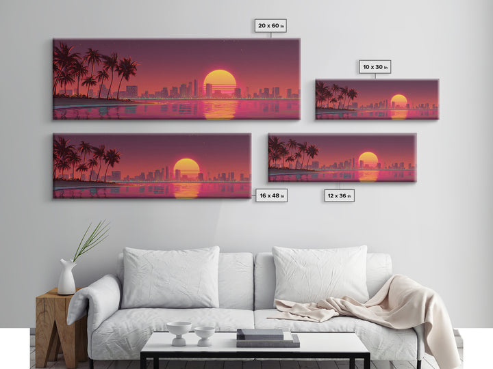 Retro Sunset City Skyline With Palm Trees Canvas Print, Synthwave Wall Art, Coastal Decor, Vaporwave Living Room Wall Decor