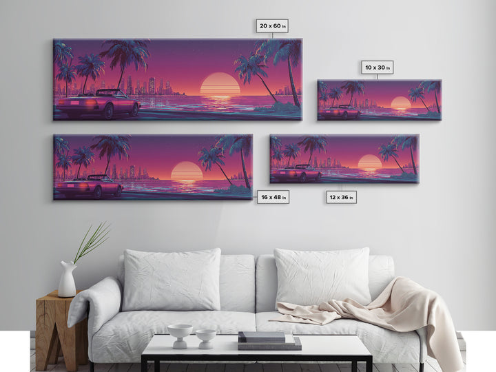 Neon Retro Sports Car On Palm Coast Canvas Print, Vaporwave City Wall Art, Synthwave Decor, Gift For Him, Man Cave Decor