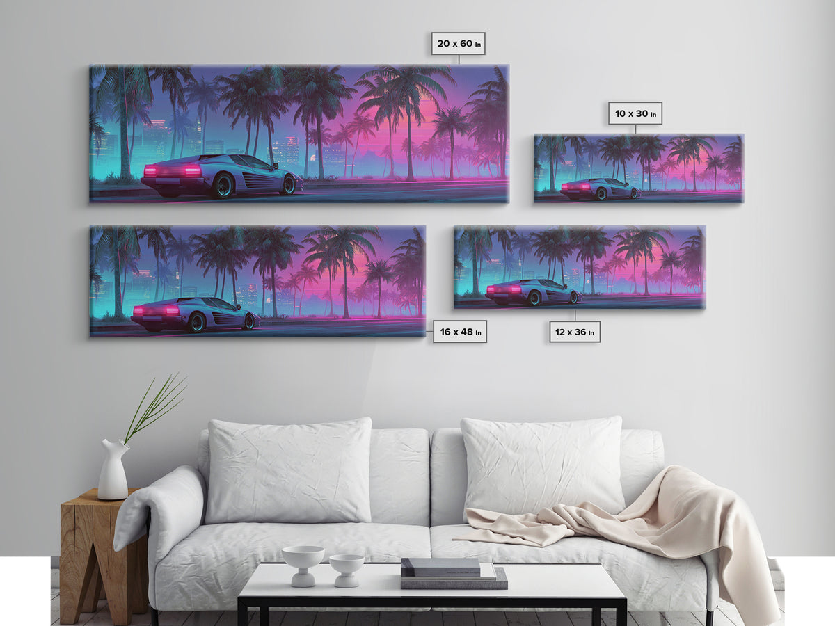 Neon Sports Car Under Palm Trees Wall Art, Cyberpunk Cityscape Canvas, Retro Futurism Decor, Gaming Room Wall Decor, Home Decor