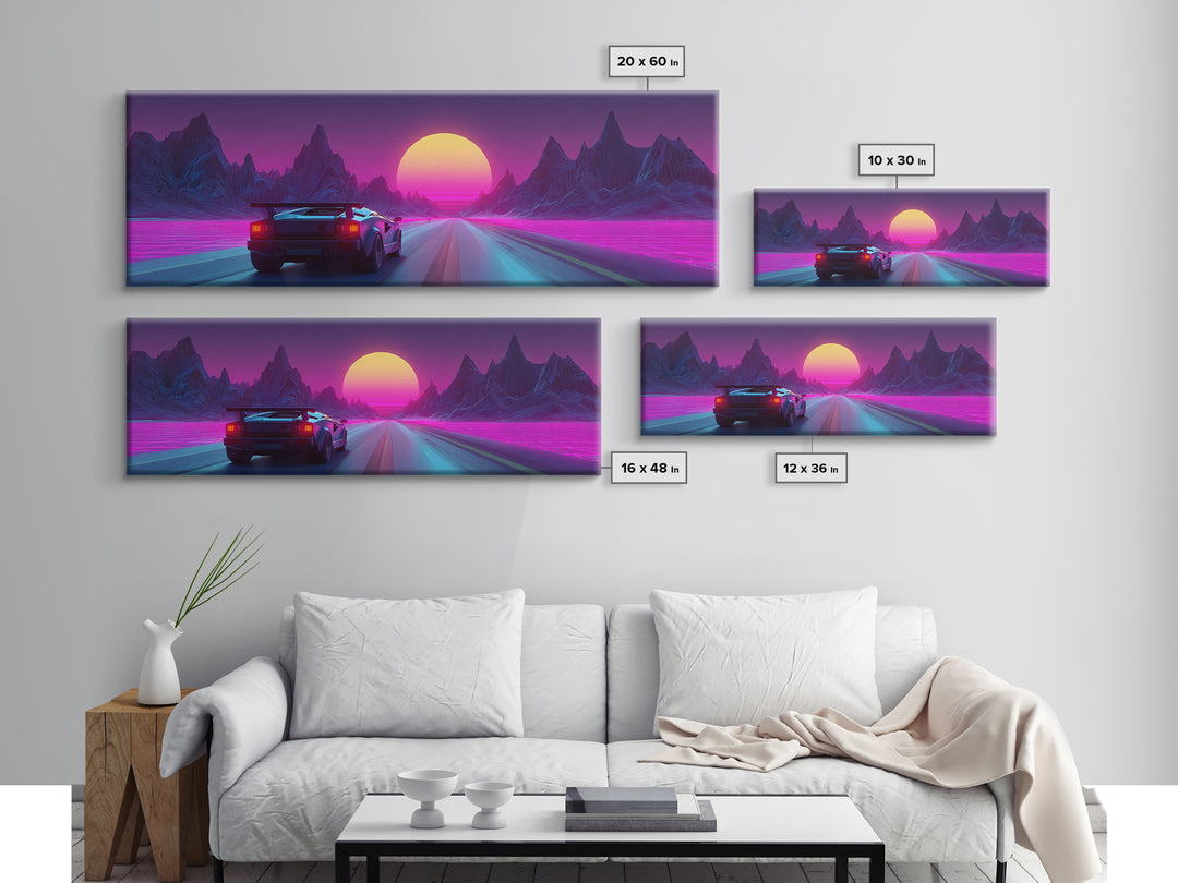 Neon Sports Car On Synthwave Highway Canvas Print, Retro Futuristic Wall Art, Cyberpunk Decor, Vaporwave Gaming Room Art