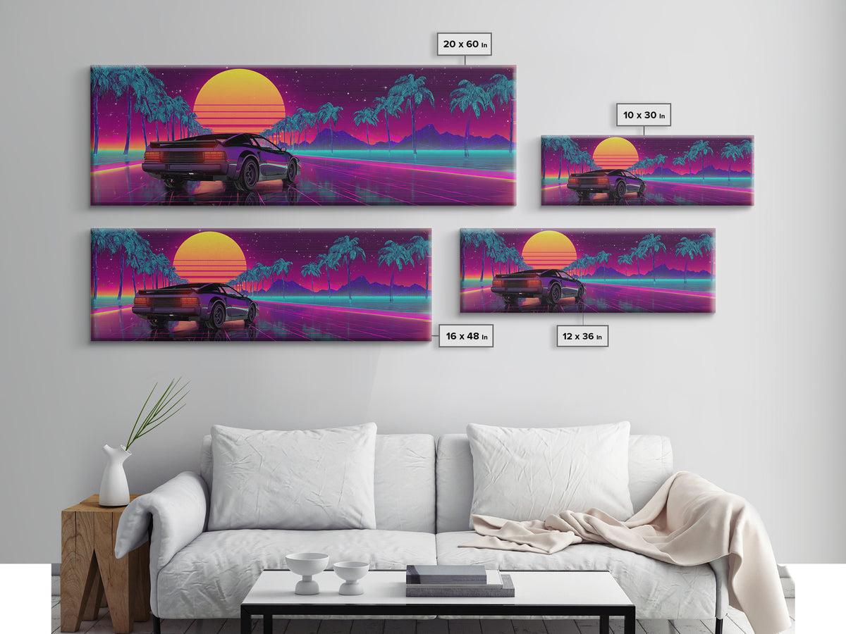 Vaporwave Sports Car Under Neon Palms Canvas Print, Retro Futuristic Wall Art, 80s Synthwave Decor, Gamer Room Poster, Modern Wall Decor