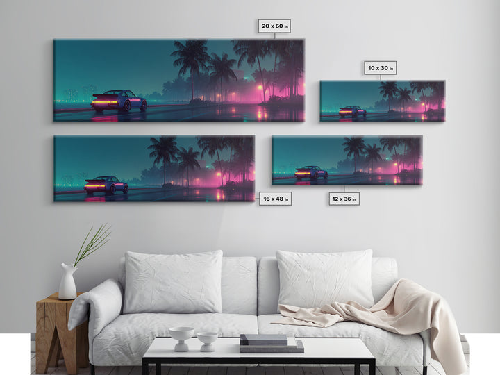 Neon Cyberpunk Sports Car Wall Art, Rainy Palm City Canvas Print, Futuristic Vaporwave Decor, Modern Gaming Room Gift For Him