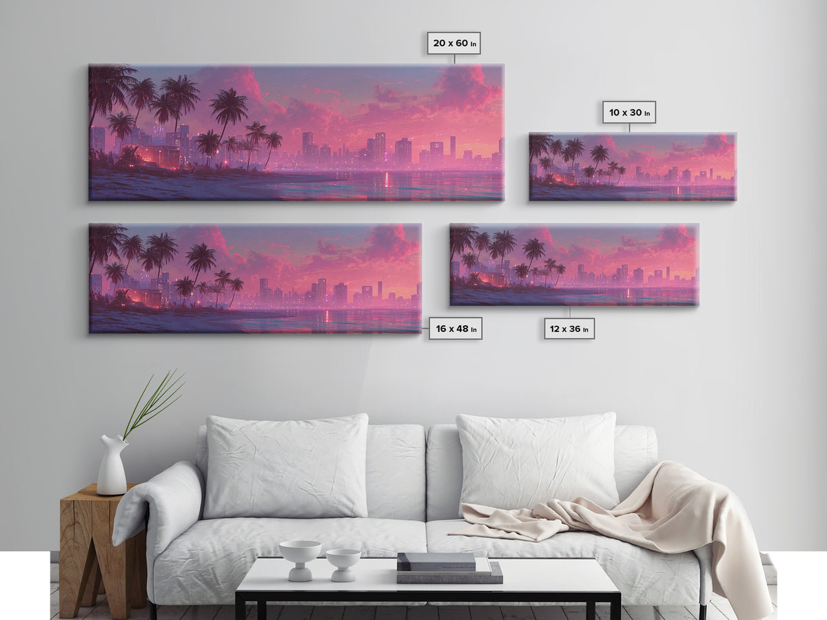 Pink Coastal City Beach Wall Art, Palm Skyline Canvas Print, Tropical Ocean Decor, Miami Style Poster, Modern Living Room Decor