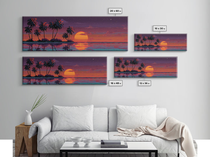 Pixel Tropical Island Wall Art, Sunset Palm Trees Over Ocean, Vibrant Retro Coastal Decor, Beach House Panoramic Canvas Print