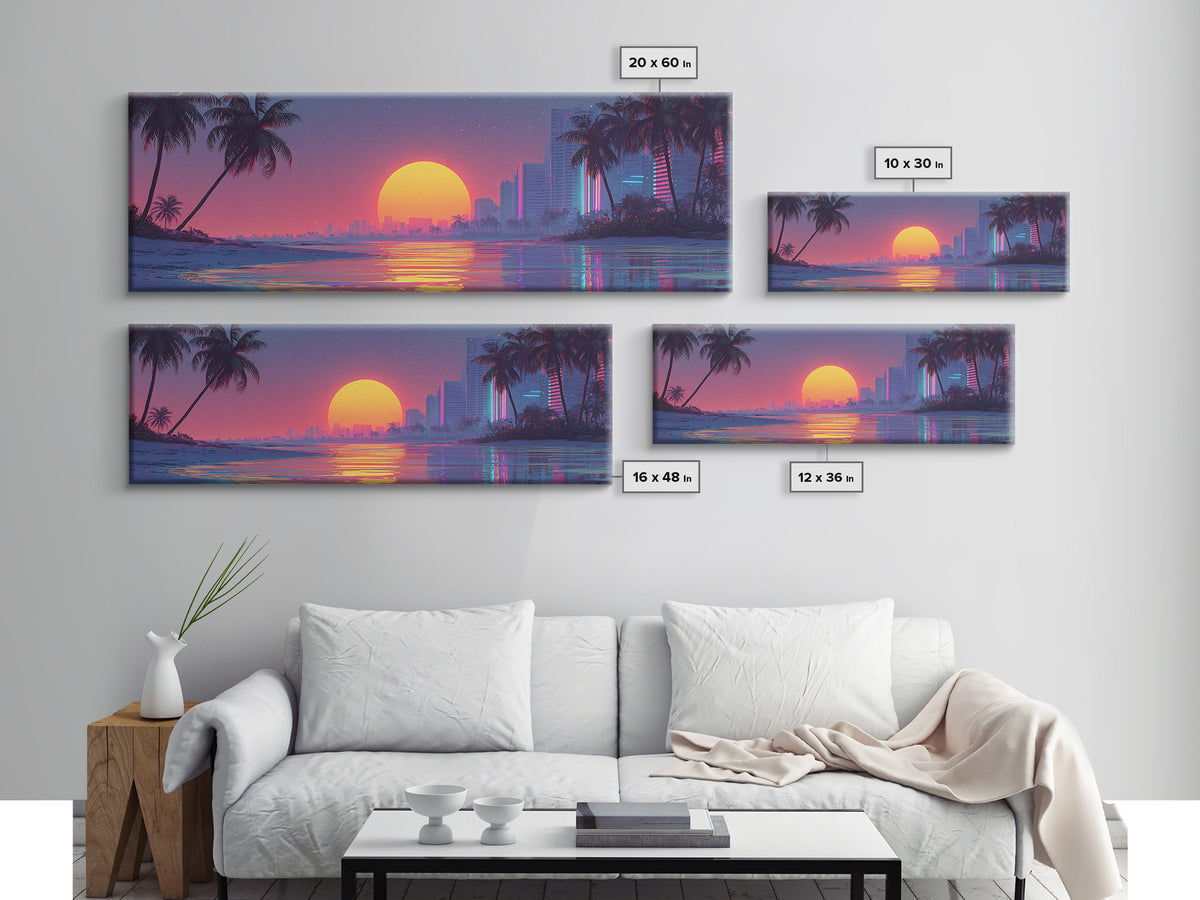 Retro Tropical Sunset Beach Wall Art, Neon Coastal Cityscape Canvas Print, Palm Tree Decor, Vaporwave Modern Bedroom Poster