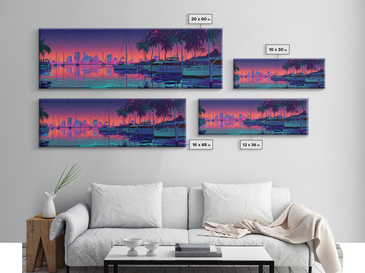 Neon Marina Skyline With Palm Trees Framed Canvas Print, Coastal City Wall Art, Miami Beach House Decor, Tropical Travel Poster