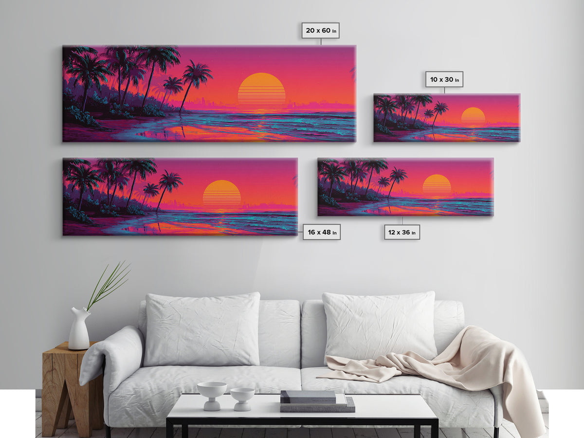 Synthwave Palm Beach Sunset Wall Art, Retro Tropical Ocean Canvas Print, Neon Coastal Decor, Colorful Summer Room Poster