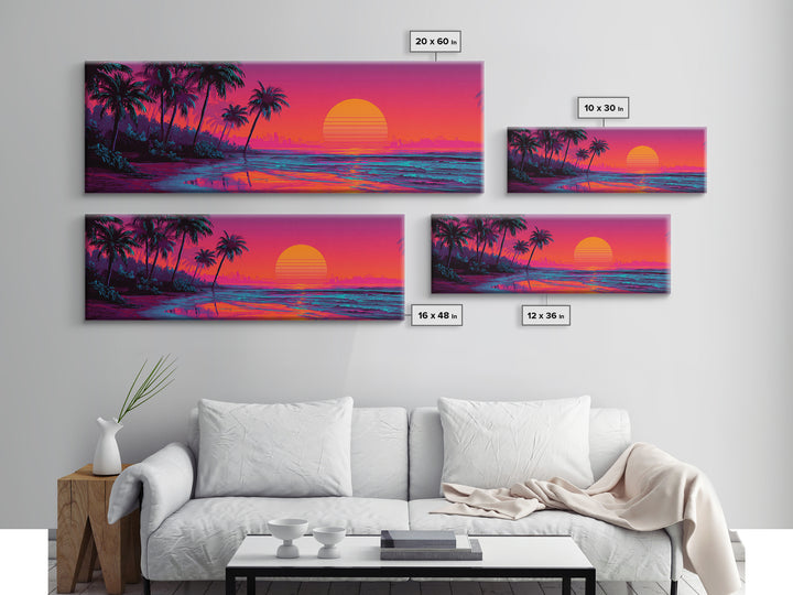 Synthwave Palm Beach Sunset Wall Art, Retro Tropical Ocean Canvas Print, Neon Coastal Decor, Colorful Summer Room Poster