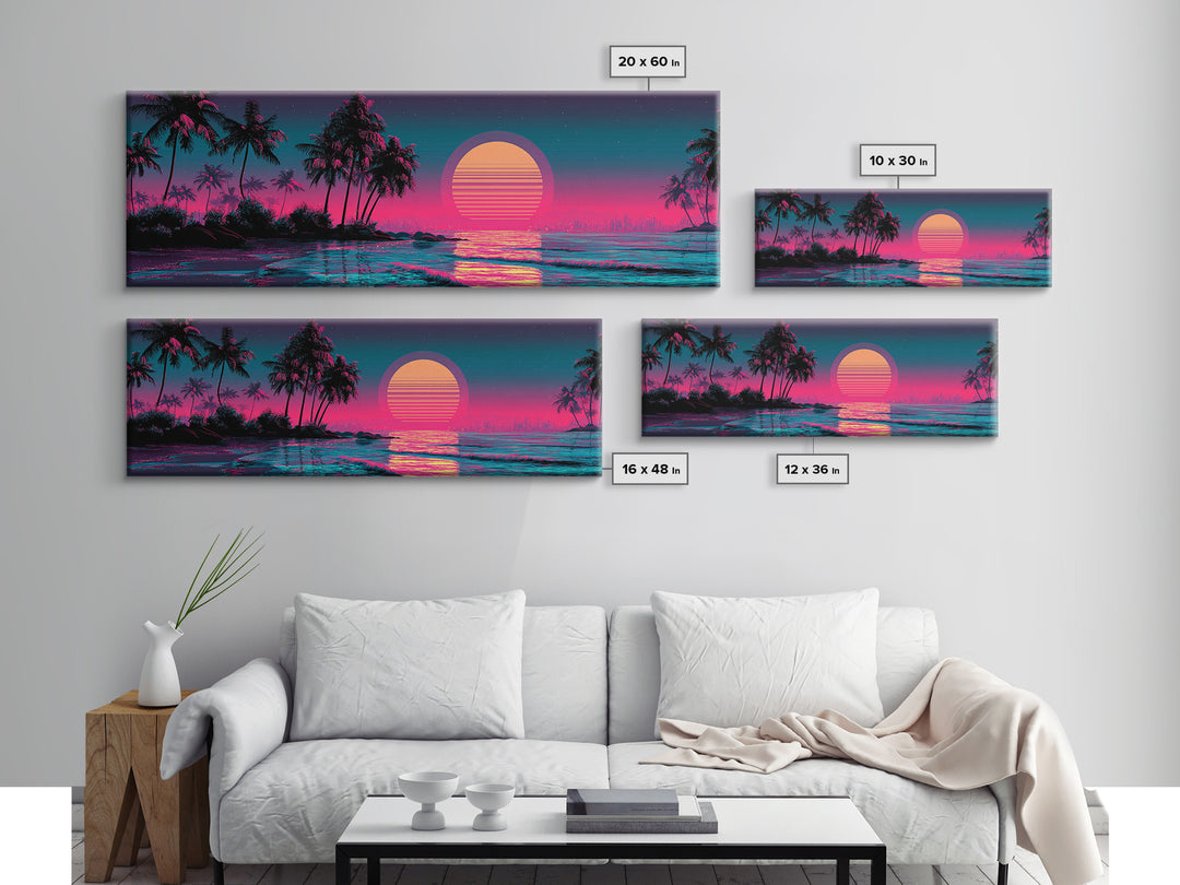 Neon Tropical Palm Sunset Canvas Print, Synthwave Beach Wall Art, Vaporwave Poster, Coastal Decor, Pink Blue Room Decor, Trendy Wall Decor