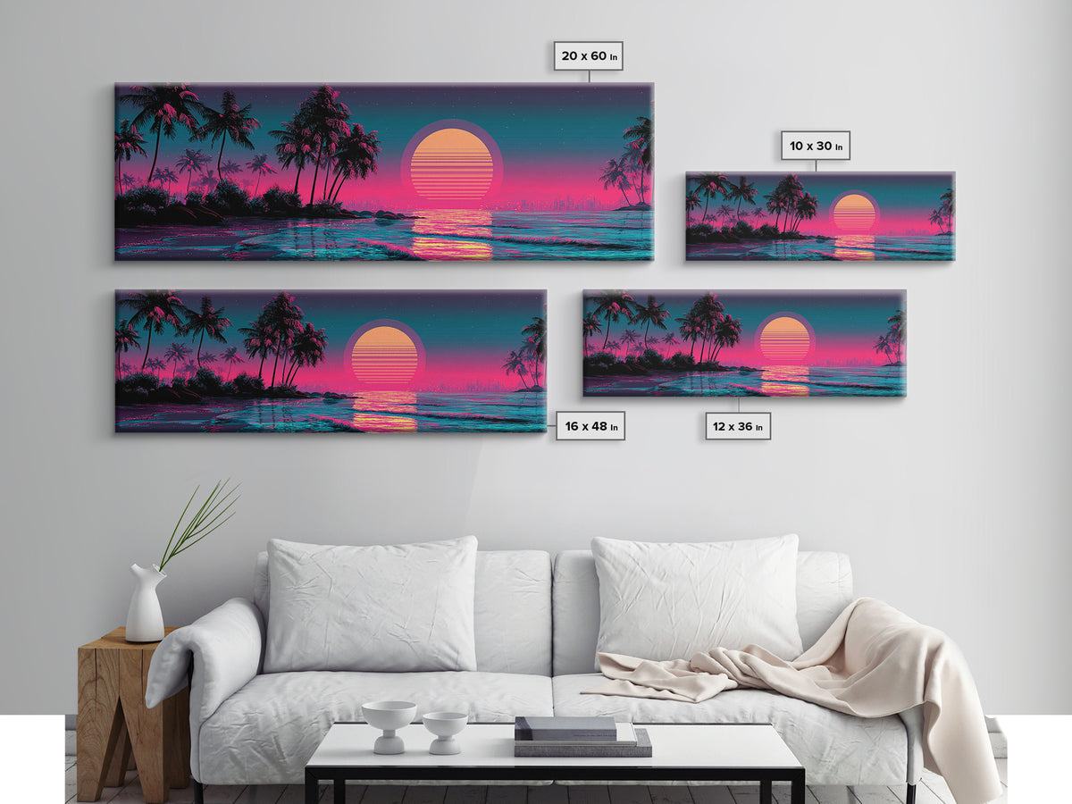Neon Tropical Palm Sunset Canvas Print, Synthwave Beach Wall Art, Vaporwave Poster, Coastal Decor, Pink Blue Room Decor, Trendy Wall Decor