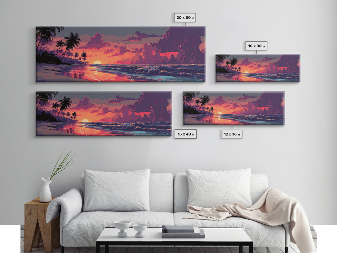 Tropical Palm Beach Sunset Wall Art, Coastal Home Decor, Ocean Wave Print, Beach House Canvas, Summer Living Room Decor Gift